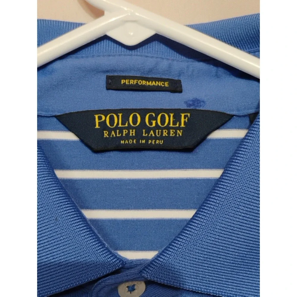 Polo Golf Ralph Lauren Performance Oak Tree Mens MEDIUM Blue White Striped Shirt